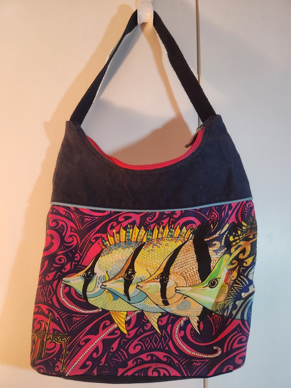 Guy Harvey Colorful Beaded Fish Print Hobo Bag in Navy and Pink